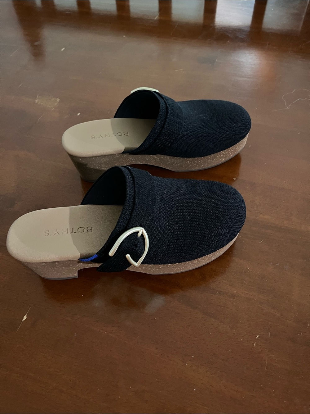 Rothy's Black Knit Platform Mules with Silver Buckle